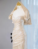 Ndyad Champagne V-neck Mermaid Glitter Satin Long Prom Dresses Fashion Formal Evening Gowns HZ1024