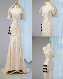Ndyad Champagne V-neck Mermaid Glitter Satin Long Prom Dresses Fashion Formal Evening Gowns HZ1024
