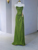 Ndyad Green Strapless Sheath Sequins Long Prom Dresses Formal Evening Gowns HZ1024