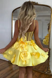 Ndyad Yellow Spaghetti Straps A-Line Satin Applique Short Prom Dresses Pretty Homecoming Dress HZ1024