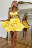 Ndyad Yellow Spaghetti Straps A-Line Satin Applique Short Prom Dresses Pretty Homecoming Dress HZ1024