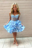 Ndyad Yellow Spaghetti Straps A-Line Satin Applique Short Prom Dresses Pretty Homecoming Dress HZ1024