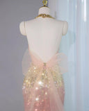 Ndyad Ombre Peach Tulle V-Neck Mermaid Gold Sequins Long Prom Dresses Glam Formal Evening Dress HZ1024