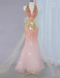 Ndyad Ombre Peach Tulle V-Neck Mermaid Gold Sequins Long Prom Dresses Glam Formal Evening Dress HZ1024