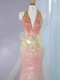 Ndyad Ombre Peach Tulle V-Neck Mermaid Gold Sequins Long Prom Dresses Glam Formal Evening Dress HZ1024