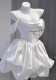 Ndyad White Off-the-shoulder A-Line Satin Short Prom Dresses Homecoming Dress with Pearls HZ1024