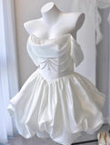 Ndyad White Off-the-shoulder A-Line Satin Short Prom Dresses Homecoming Dress with Pearls HZ1024