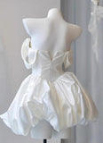 Ndyad White Off-the-shoulder A-Line Satin Short Prom Dresses Homecoming Dress with Pearls HZ1024