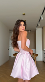 Ndyad Pink Strapless A-Line Satin Short Prom Dresses Elegant Homecoming Dress HZ1024