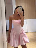 Ndyad Pink Strapless A-Line Satin Short Prom Dresses Elegant Homecoming Dress HZ1024