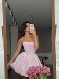Ndyad Pink Strapless A-Line Satin Short Prom Dresses Elegant Homecoming Dress HZ1024