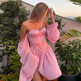 Ndyad Pink Sweetheart Neck A-Line Chiffon Long Sleeve Short Prom Dresses Fashion Homecoming Dress HZ1024