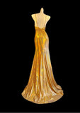 Ndyad Gold Spaghetti Straps Mermaid Satin Long Prom Dresses Backless Evening Gowns With Slit HZ1024