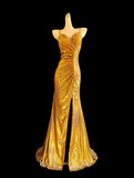 Ndyad Gold Spaghetti Straps Mermaid Satin Long Prom Dresses Backless Evening Gowns With Slit HZ1024