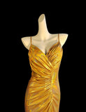Ndyad Gold Spaghetti Straps Mermaid Satin Long Prom Dresses Backless Evening Gowns With Slit HZ1024