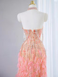 Ndyad Pink Sweetheart Mermaid Beaded Tulle Long Prom Dresses Formal Evening Gowns HZ1024