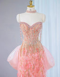 Ndyad Pink Sweetheart Mermaid Beaded Tulle Long Prom Dresses Formal Evening Gowns HZ1024