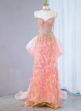 Ndyad Pink Sweetheart Mermaid Beaded Tulle Long Prom Dresses Formal Evening Gowns HZ1024