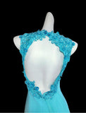 Ndyad Blue Halter Mermaid Chiffon Appliques Long Prom Dresses Formal Evening Gowns With Open Back HZ1024