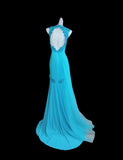 Ndyad Blue Halter Mermaid Chiffon Appliques Long Prom Dresses Formal Evening Gowns With Open Back HZ1024