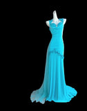 Ndyad Blue Halter Mermaid Chiffon Appliques Long Prom Dresses Formal Evening Gowns With Open Back HZ1024
