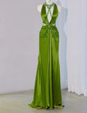 Ndyad Green V-neck Sheath Satin Long Prom Dresses Formal Evening Gowns with Beading HZ1024