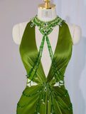 Ndyad Green V-neck Sheath Satin Long Prom Dresses Formal Evening Gowns with Beading HZ1024