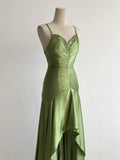 Ndyad Green Spaghetti Strap Bodycon Satin Hi-Lo Long Prom Dresses Formal Evening Gowns HZ1024