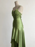 Ndyad Green Spaghetti Strap Bodycon Satin Hi-Lo Long Prom Dresses Formal Evening Gowns HZ1024