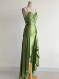 Ndyad Green Spaghetti Strap Bodycon Satin Hi-Lo Long Prom Dresses Formal Evening Gowns HZ1024