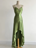 Ndyad Green Spaghetti Strap Bodycon Satin Hi-Lo Long Prom Dresses Formal Evening Gowns HZ1024
