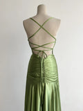 Ndyad Green Spaghetti Strap Bodycon Satin Hi-Lo Long Prom Dresses Formal Evening Gowns HZ1024