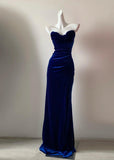 Ndyad Navy Blue Strapless Mermaid Velvet Long Prom Dresses Formal Evening Gowns HZ1024