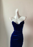 Ndyad Navy Blue Strapless Mermaid Velvet Long Prom Dresses Formal Evening Gowns HZ1024