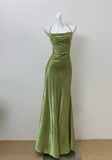 Ndyad Olive Green Spaghetti Straps Mermaid Satin Long Prom Dresses Formal Evening Gowns With Backless HZ1024