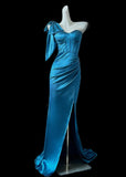 Ndyad Blue One Shoulder Mermaid Satin Long Prom Dresses Formal Evening Gowns With Slits HZ1024