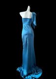 Ndyad Blue One Shoulder Mermaid Satin Long Prom Dresses Formal Evening Gowns With Slits HZ1024