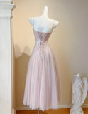 Ndyad Blush Pink Spaghetti Straps A-Line Sequin Tulle Long Prom Dresses Birthday Evening Gowns HZ1024