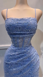 Ndyad Glitter Blue Spaghetti Straps Bodycon Tulle Lace Short Prom Dresses Birthday Party Dress with Sequins HZ1024