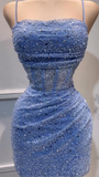 Ndyad Glitter Blue Spaghetti Straps Bodycon Tulle Lace Short Prom Dresses Birthday Party Dress with Sequins HZ1024