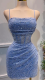 Ndyad Glitter Blue Spaghetti Straps Bodycon Tulle Lace Short Prom Dresses Birthday Party Dress with Sequins HZ1024