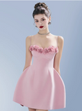 Ndyad Spaghetti Straps A-Line Satin Prom Dresses Short Party Dress with Applique HZ1024