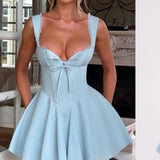 Ndyad Blue Square Neck A-Line Satin Short Prom Dresses Sweet Homecoming Dress HZ1024