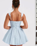 Ndyad Blue Square Neck A-Line Satin Short Prom Dresses Sweet Homecoming Dress HZ1024