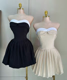 Ndyad Black Strapless A-Line Satin Short Prom Dresses Homecoming Dress HZ1024