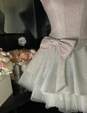 Ndyad Pink Spaghetti Straps A-Line Glitter Satin Tulle Short Prom Dresses Homecoming Dress With Bow HZ1024