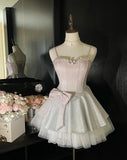 Ndyad Pink Spaghetti Straps A-Line Glitter Satin Tulle Short Prom Dresses Homecoming Dress With Bow HZ1024