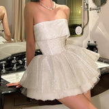 Ndyad Silver White Strapless A-Line Glitter Tulle Short Party Dresses Homecoming Dress HZ1024