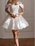 Ndyad White Off-Shoulder A-Line Satin Short Party Dresses Homecoming Dress HZ1024