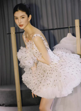 Ndyad White Tulle A-Line Square Neck Polka Dot Short Prom Dresses Elegant Party Dresses HZ1024